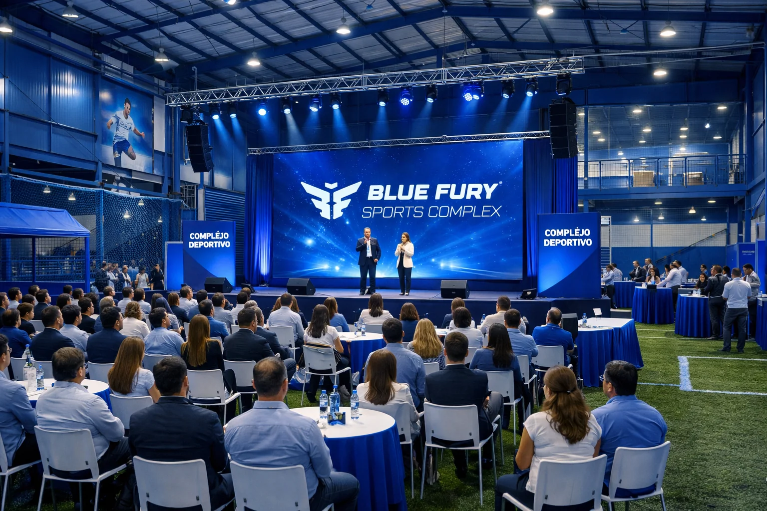Evento corporativo en la cancha techada de Blue Fury, con escenario y pantalla de la marca